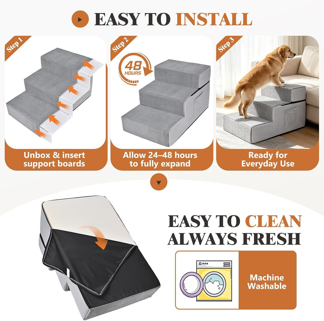 Dog Stairs for High Bed, Dual Reinforced Support Pet Steps for Large