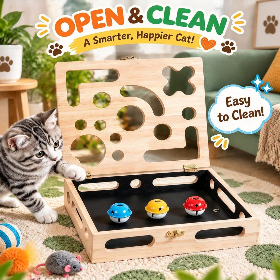 Cat Nail File Enrichment Box, Wood Puzzle Scratcher Toy with Sandpaper