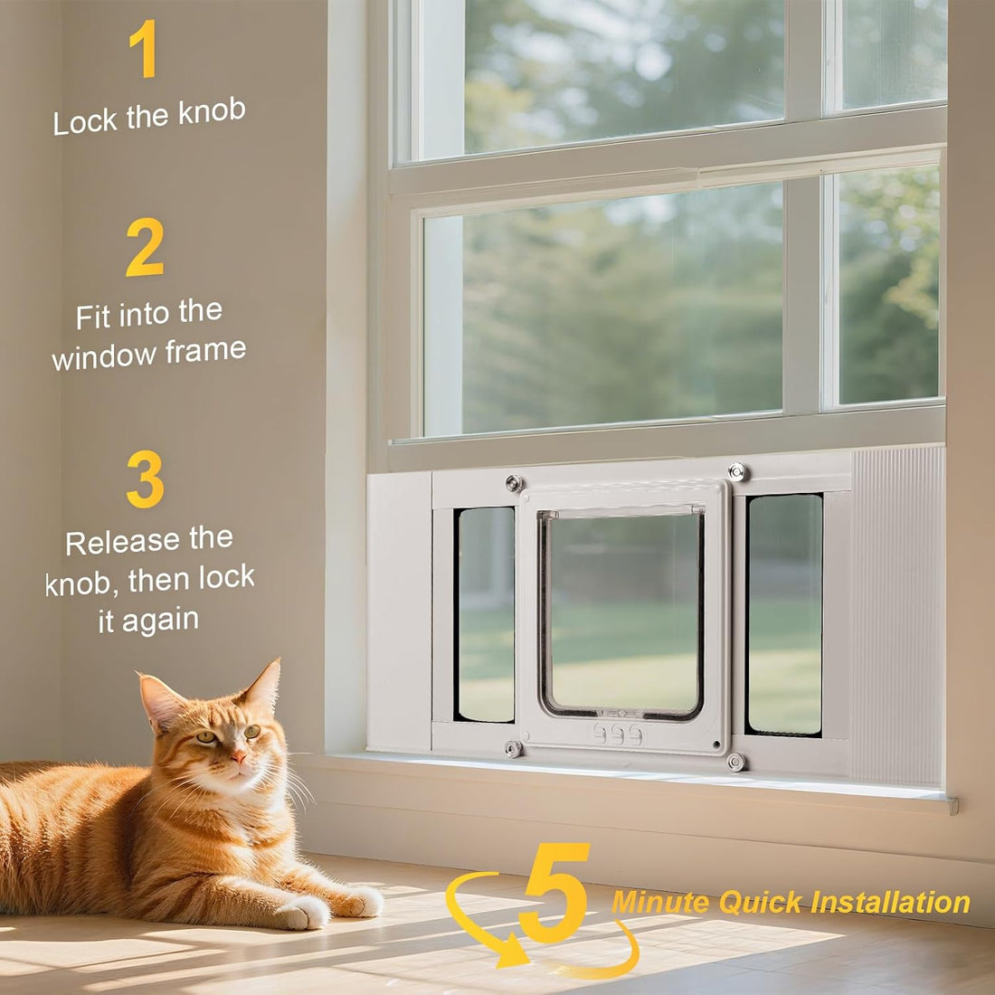 Cat Door for Window, Aluminum Frame, 4-Way Lock