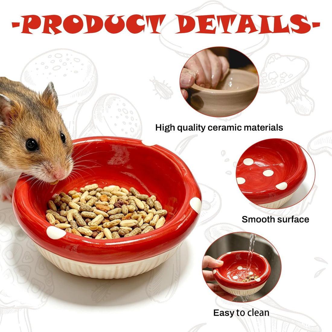 Hamster Mushroom Cap Shape Ceramic Food Bowl, Anti-Spill Non-Tip