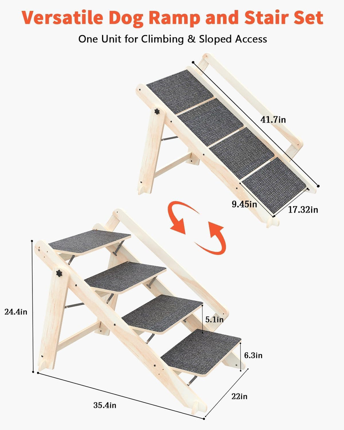 Woodure Foldable Dog Stairs, Convertible 4-Step Wooden Dog Ramp