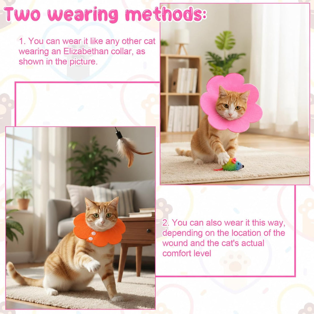2 Pack Felt Cat Cone Collar Flower Adjustable Soft Cones for Cats