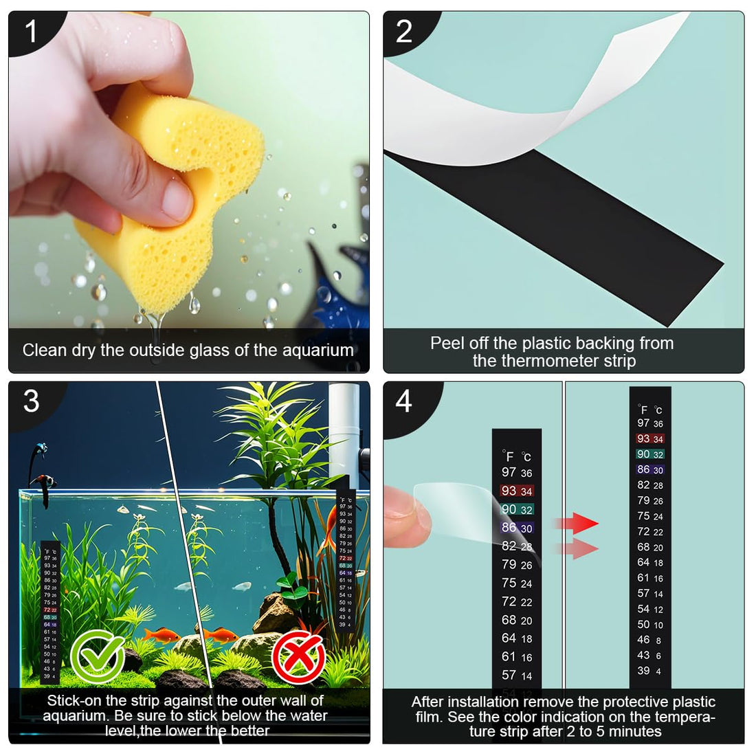 Aquarium Thermometer Strips, Fish Tank Thermometer Sticker 4 PCS