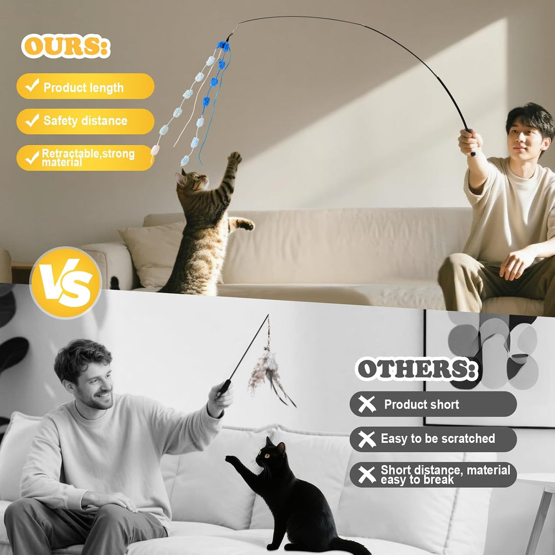 Cat Wand Toy, 8Pcs Retractable Plush Srtip Cat Teaser Wand Toys