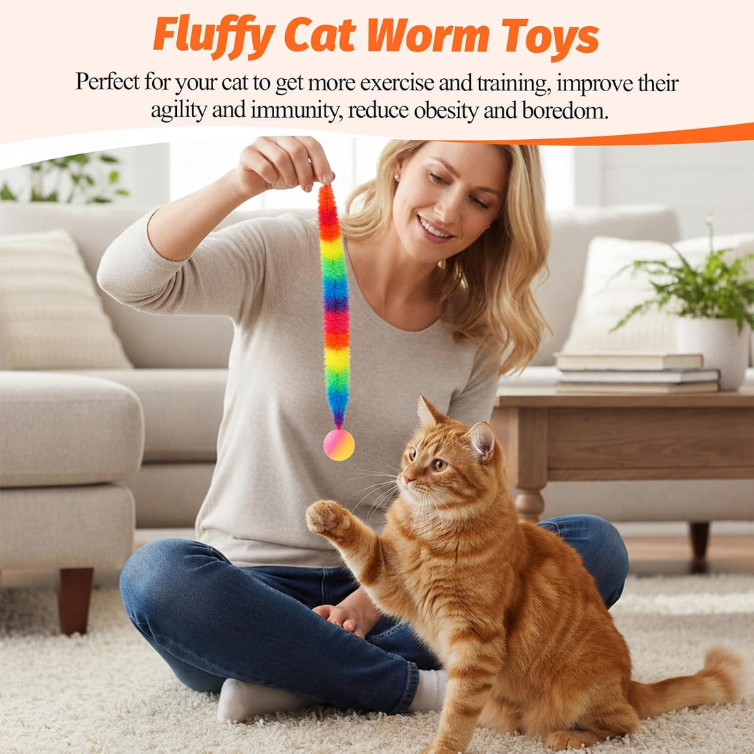 7 Pack Cat Worm Toys Rainbow Worm with Ball for Cats