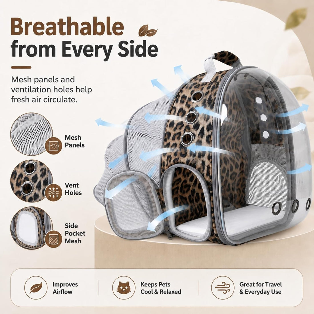 Expandable Cat Carrier Backpack with Bubble Window, Animal Print