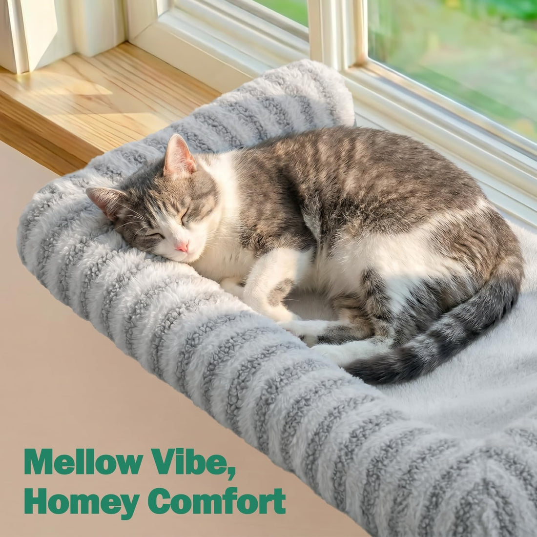 Zakkart Mellow 3-Sided Cat Perch for Windowsill, Dual-Mount (Beige, L)