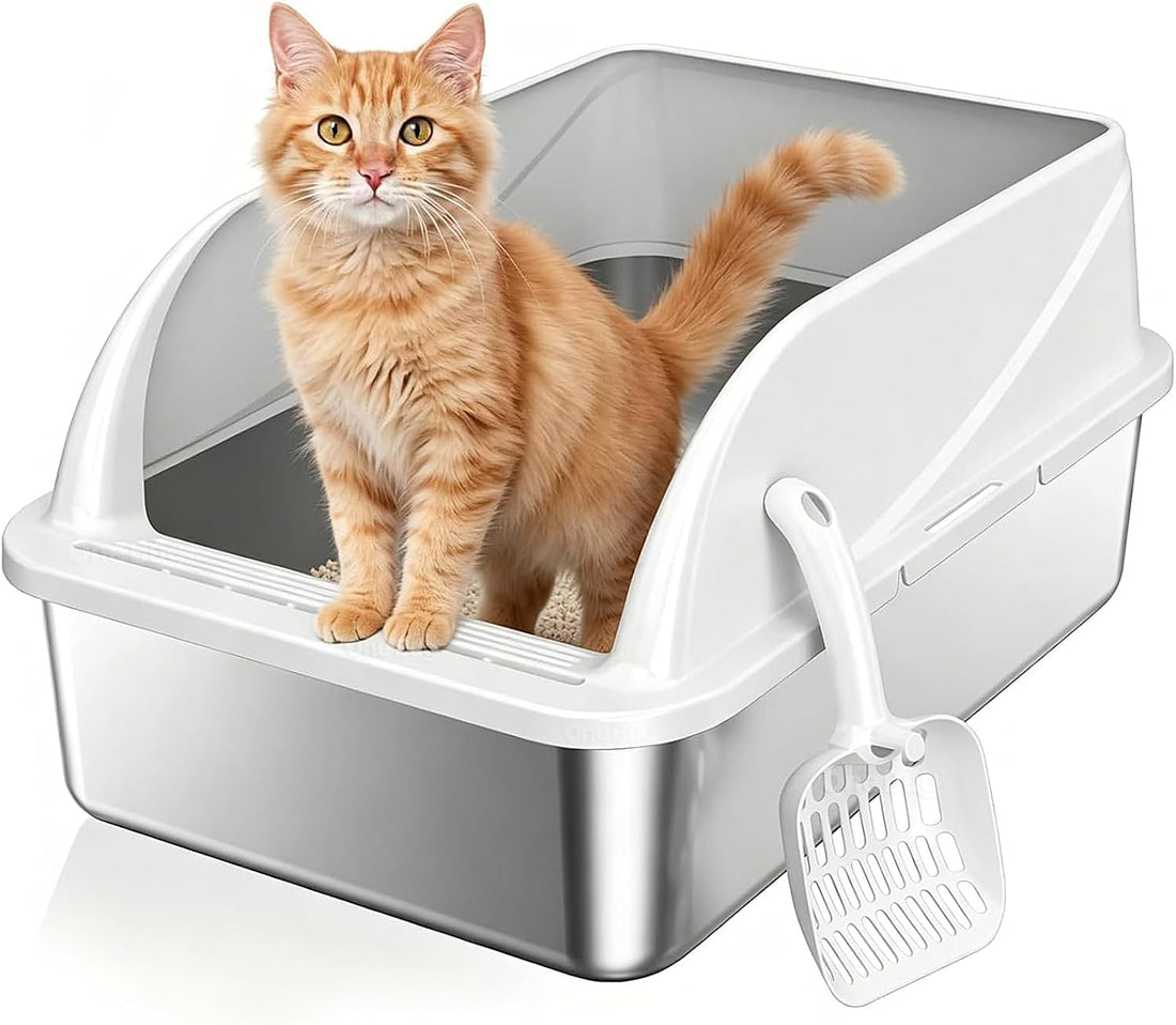 OneBug Stainless Steel High Sides Cat Litter Box with Scoop