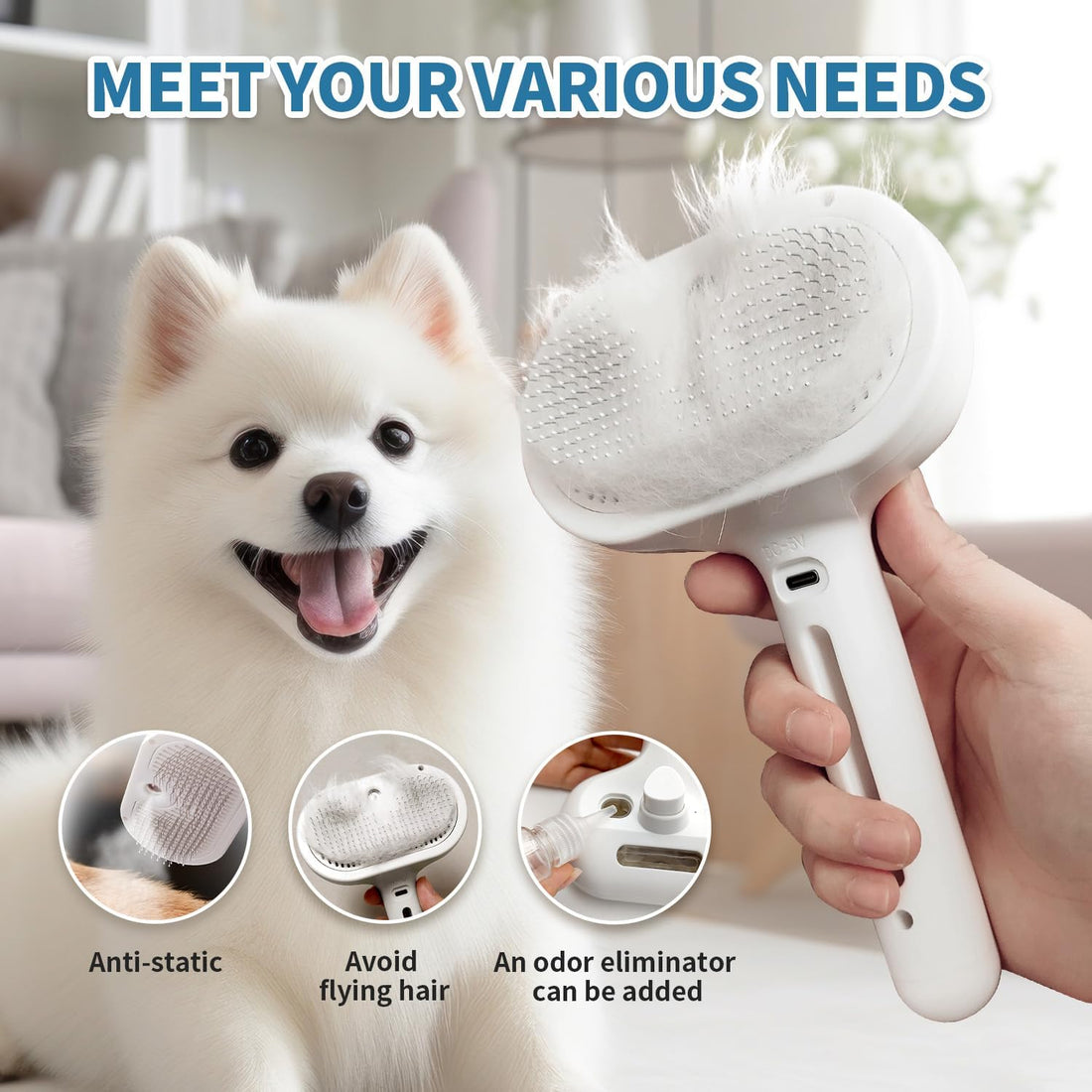 HeroKitty Dog Brush for Shedding, 3 in 1 Self Cleaning Steam Dog Brush