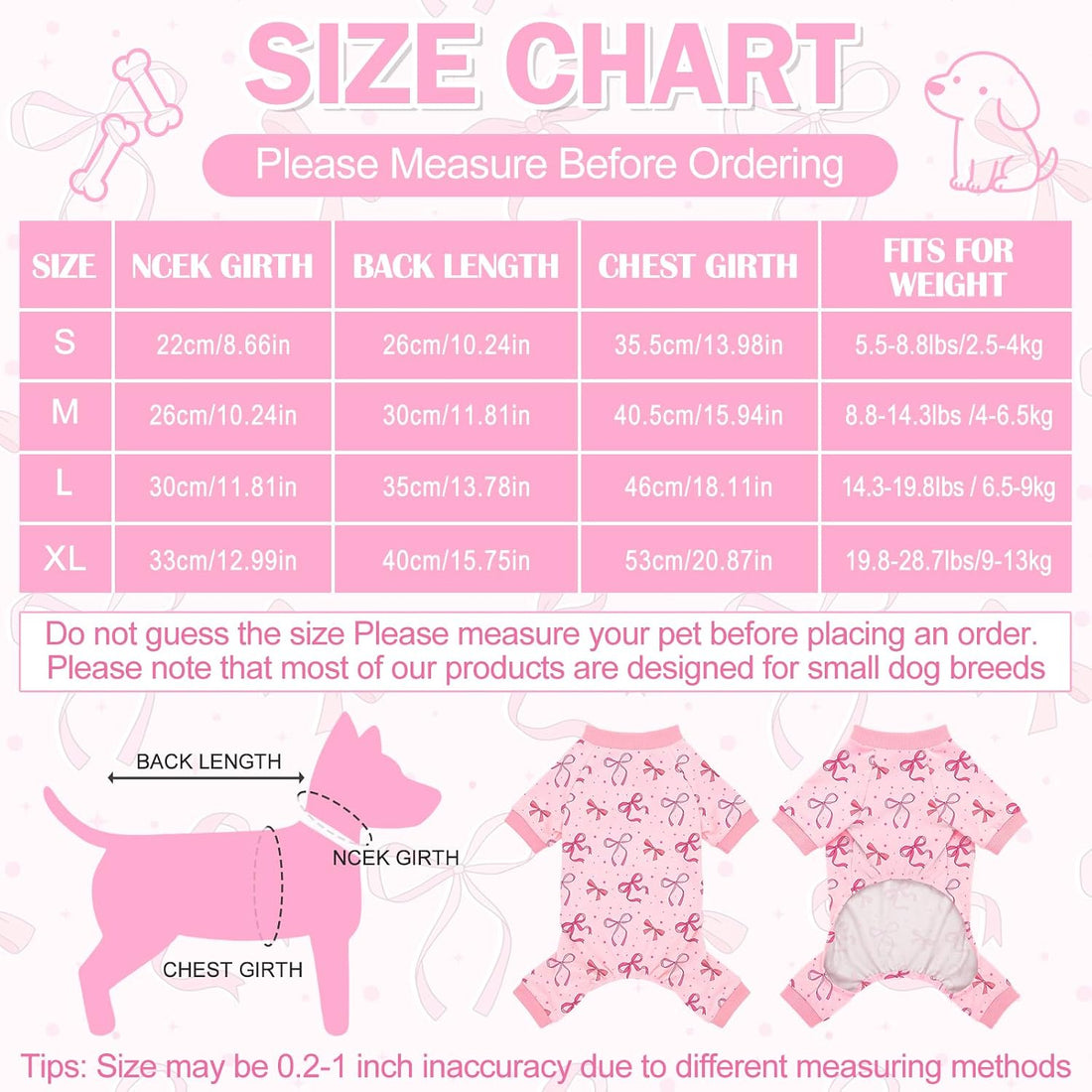 Dog Pajamas for Small Medium Dogs Pjs Pink Bow Dog Onesie Breathable