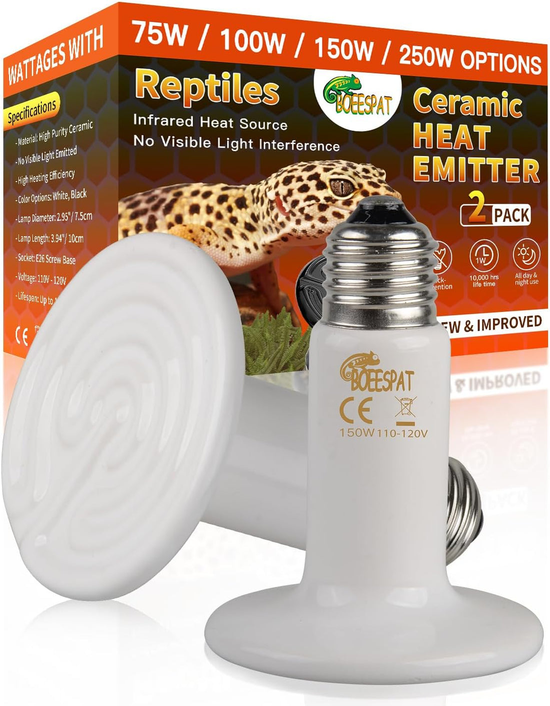 60W Ceramic Heat Emitters, Pack of 2 Reptile Heat Lamp Bulbs
