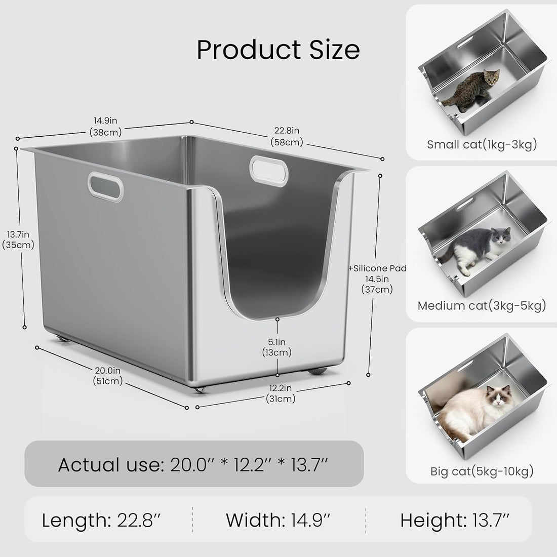 Stainless Steel Litter Box 13.7'' High Sides