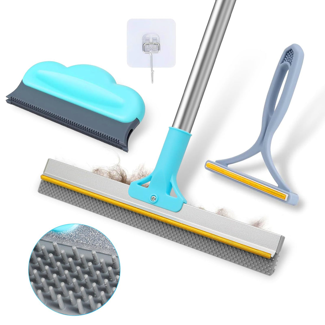 3PCS Carpet Rake for Pet Hair Removal, 54” Adjustable Long Handle