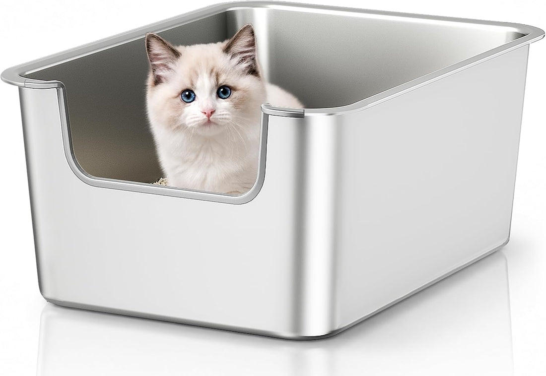 High-Sided Stainless Steel Cat Litter Box, Low Entry, Odor-Free