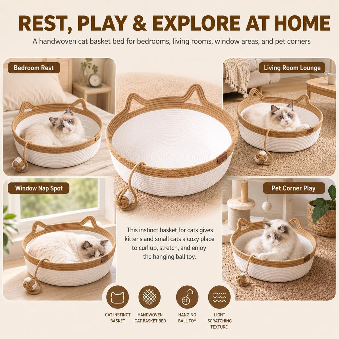 Instinct Basket for Cats, 35/40/46cm Stimuli Handwoven Cat Basket Bed