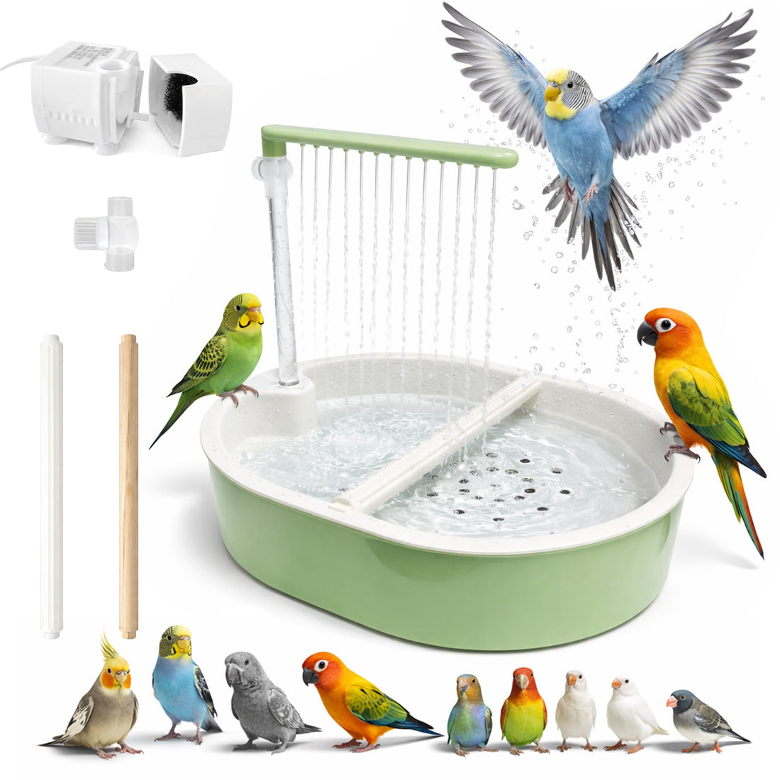 Indoor Bird Bath Fountain, Dual Rainfall Parrot Shower with Anti-Clog