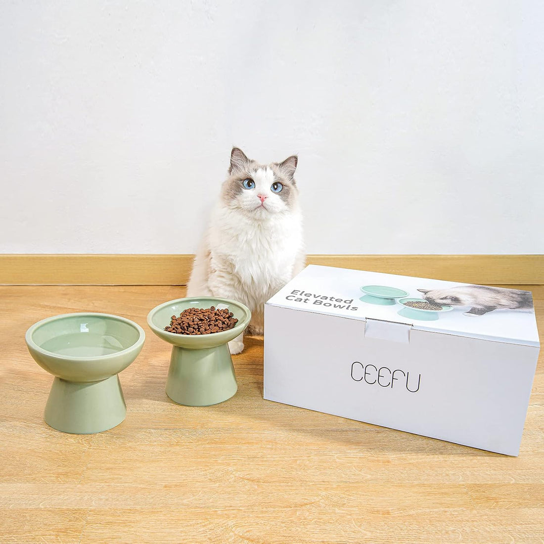CEEFU 2 Elevated Ceramic Cat Bowls Extra Wide for Food & Water
