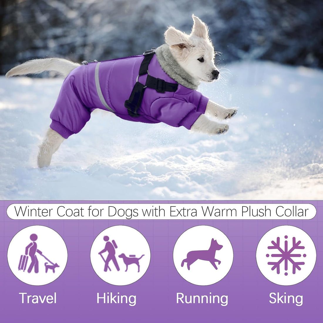 BRKURLEG Purple Dog Coat with Harness, Dog Winter Jacket