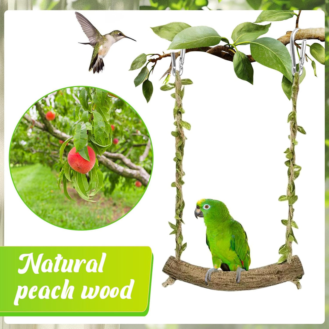 Hiwzitar Natural Wood Bird Swing Perch with Decorative Leaves