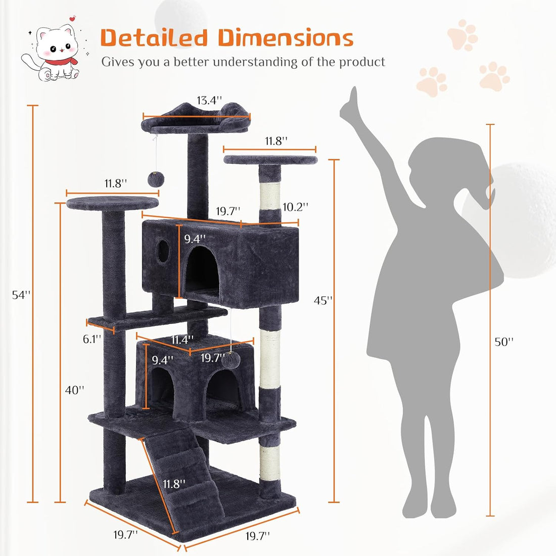 54 Inch Cat Tree Tower with Sisal Scratching Posts, Multi-Level