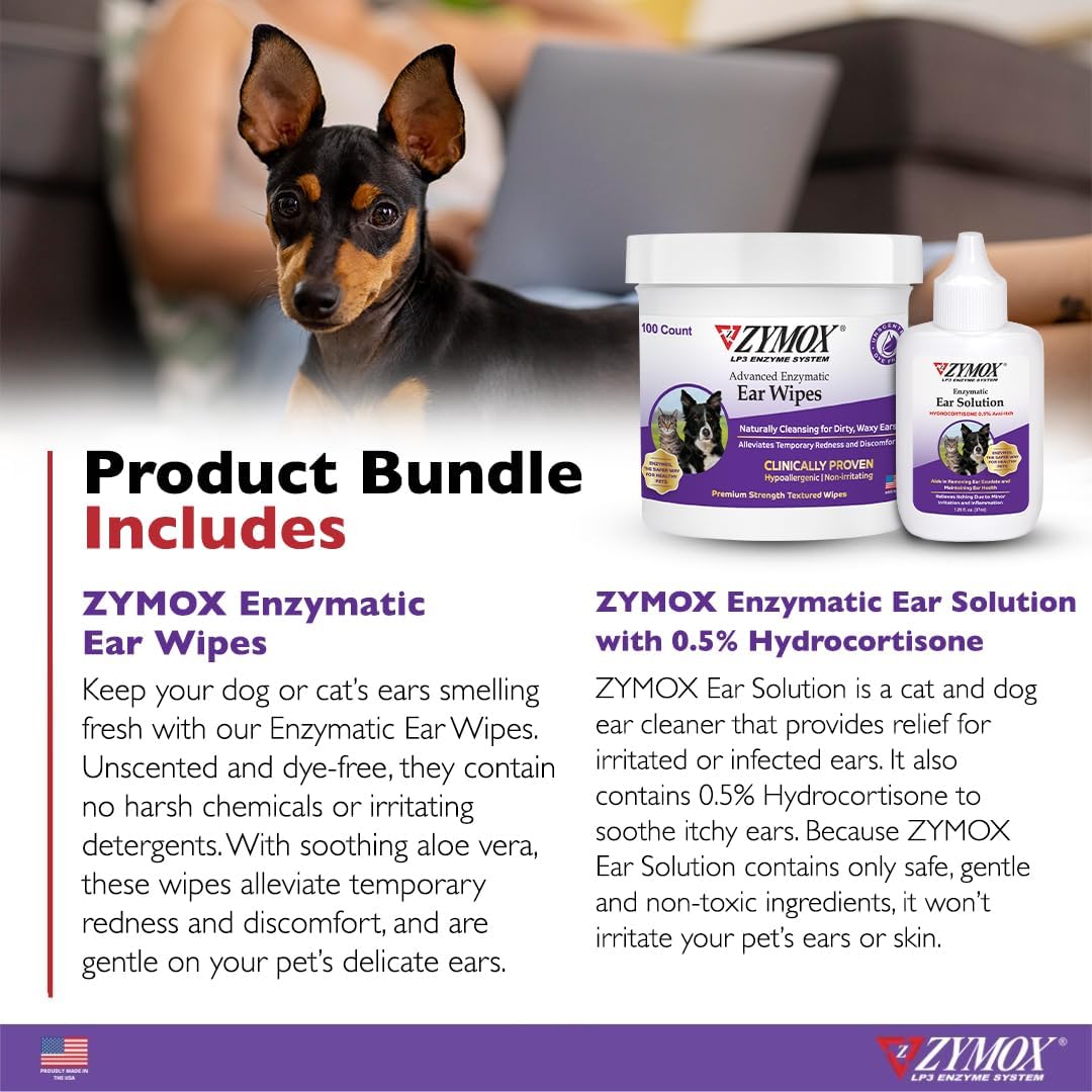 Zymox Enzymatic Ear Wipes and Ear Solution for Dogs and Cats