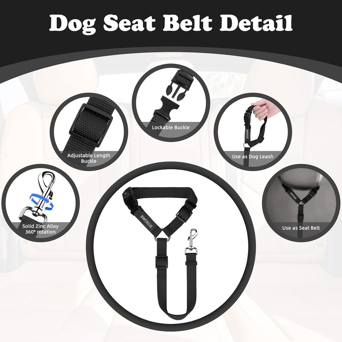 BWOGUE 2 Packs Dog Cat Safety Seat Belt Strap Car Headrest Restraint
