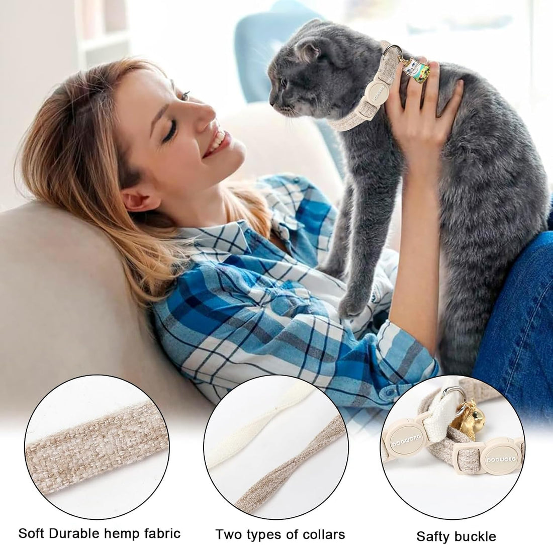 Cat Collar,2 Pack White Hemp Cat Collars Breakaway with Bell