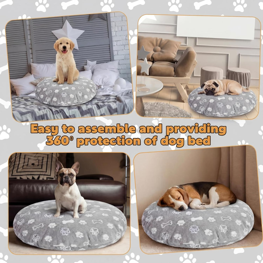 Oudain Washable Round Dog Bed Cover 30 x 30 x 10 Gray Paw Bone Prints
