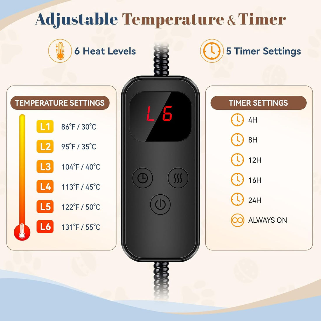 Verla Pet Heating Pad for Cats & Dogs with Timer, 6 Heat Levels