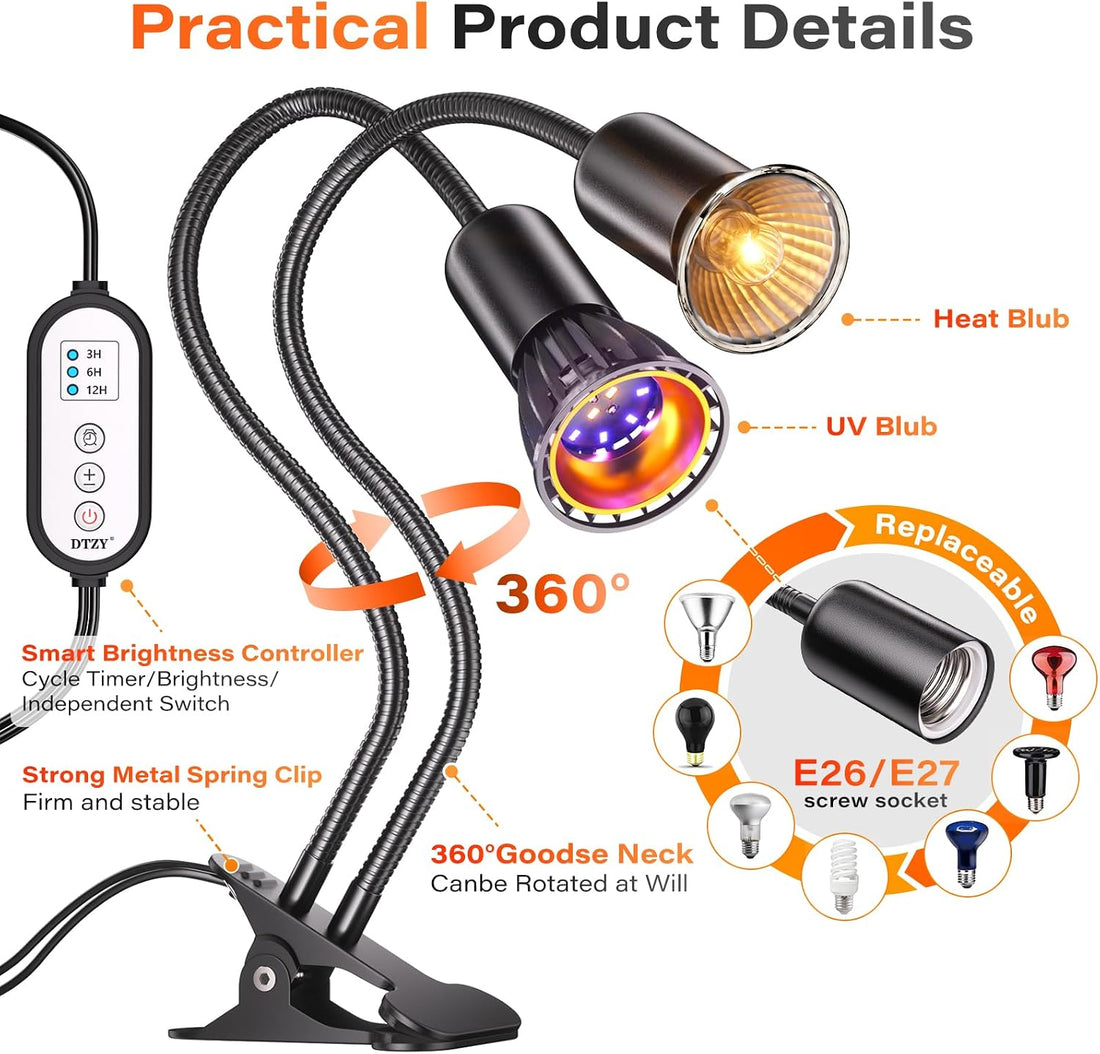 UV Reptile Heat Lamp, UVA UVB Reptile Light with Clamp