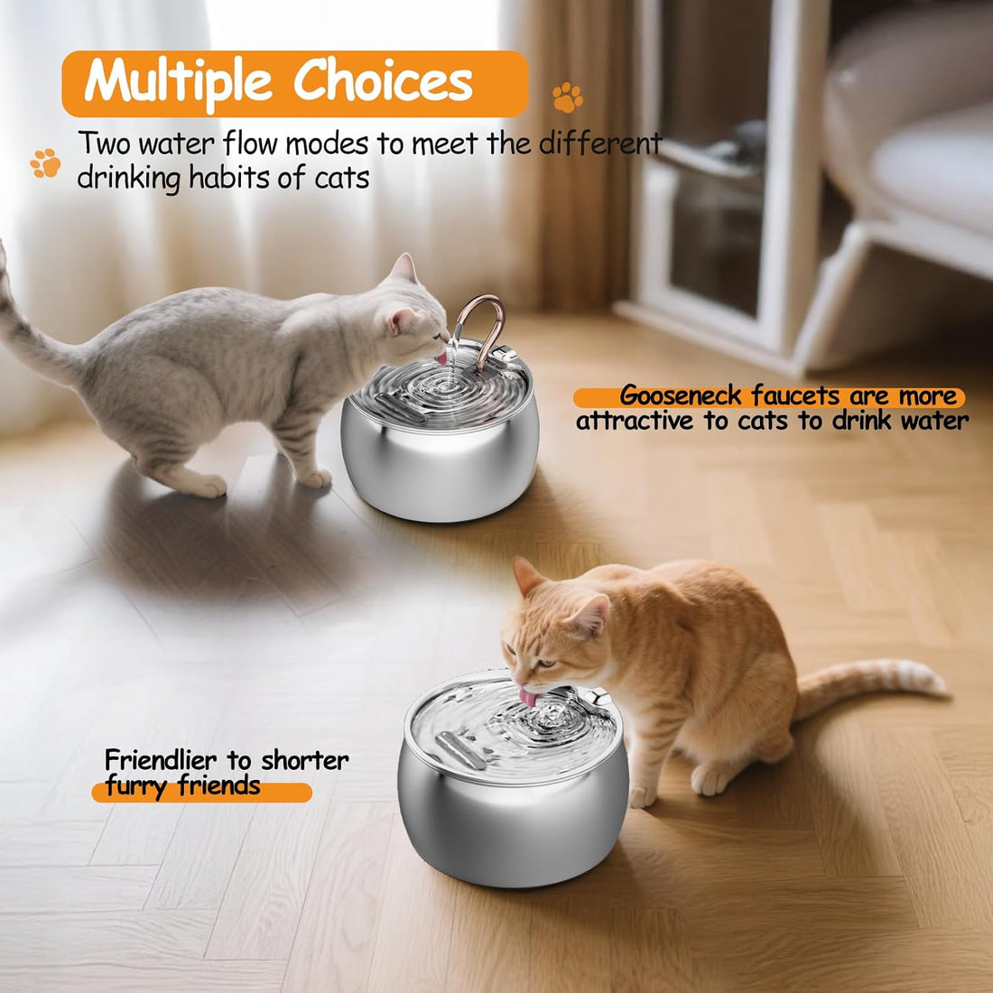 Cat Water Fountain Stainless Steel -2.5L/84oz Gooseneck Kitty Cat