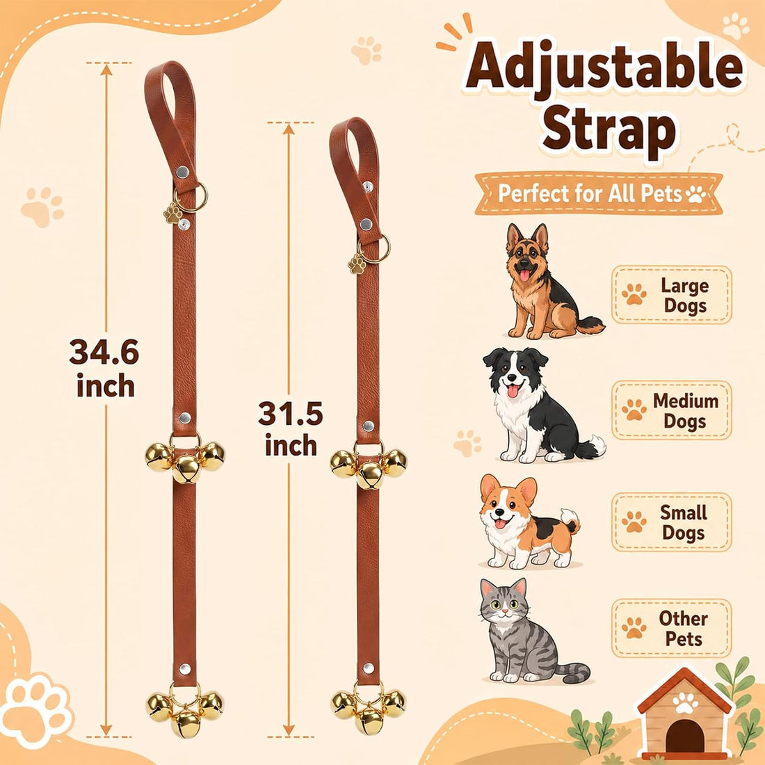 Thinkday 2 Pcs Leather Potty Training Bells for Dogs to Go Outside