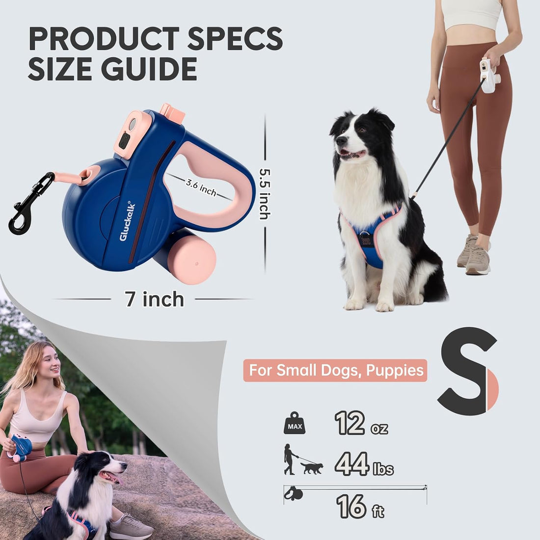 16 ft Retractable Dog Leash with LED, for Dogs Up to 44 lbs