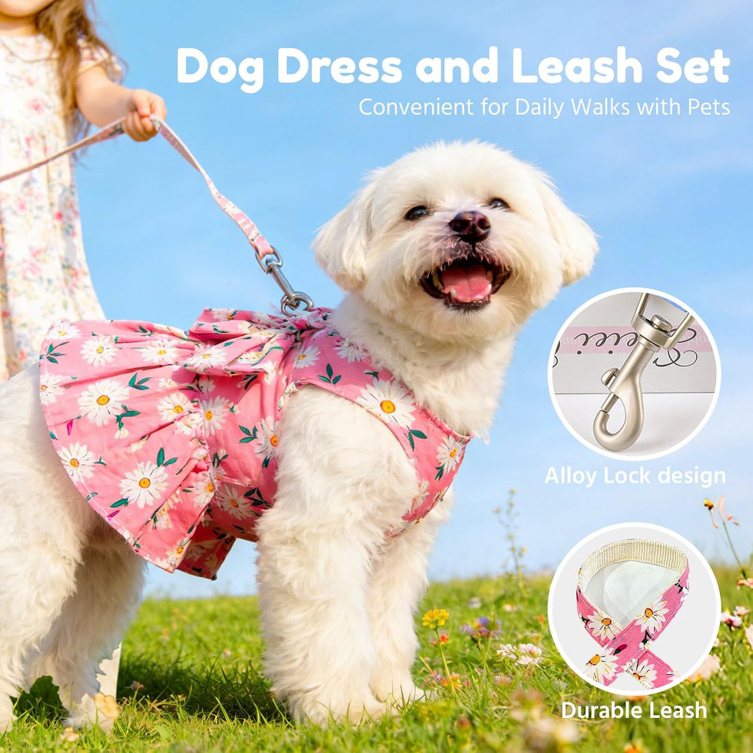 BAEJMJK Dog Dress Bowknot Harness Leash Set for Small Dogs Cats Daisy
