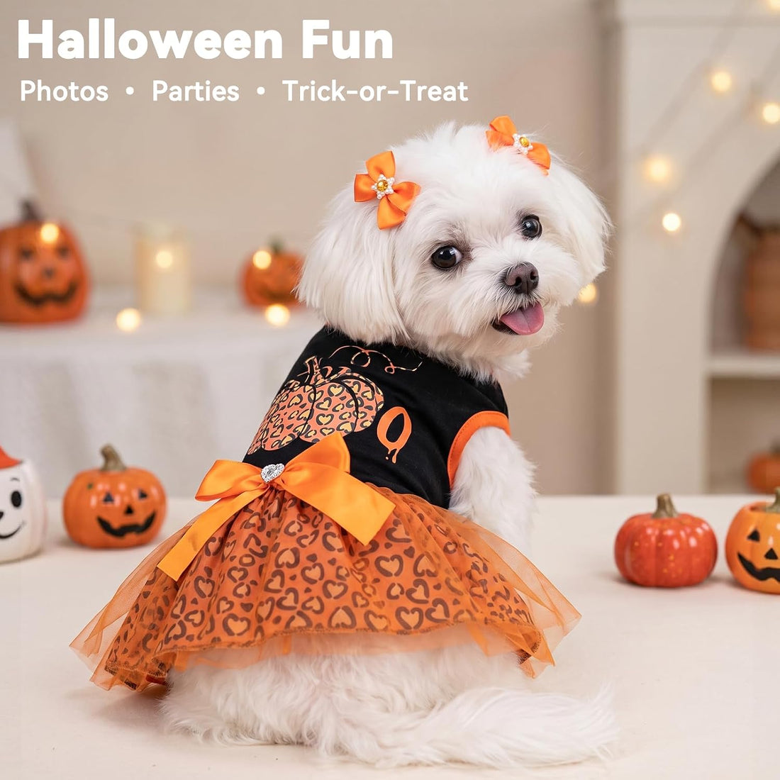 cyeollo Dog Halloween Dress, Pumpkin Print Tulle Outfit with Hair Bow