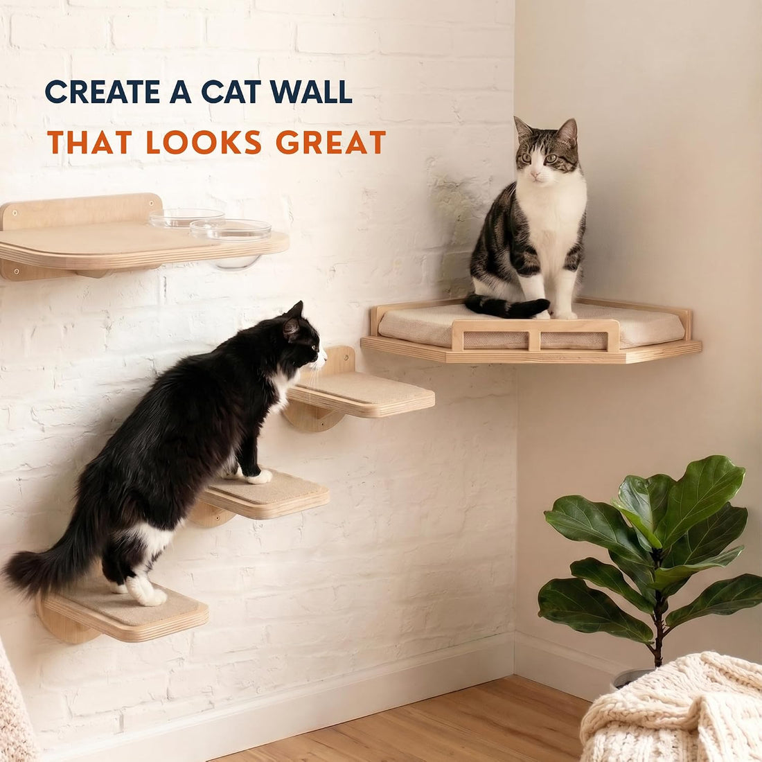 INICIO Cat Wall Stairs, Natural Wood
