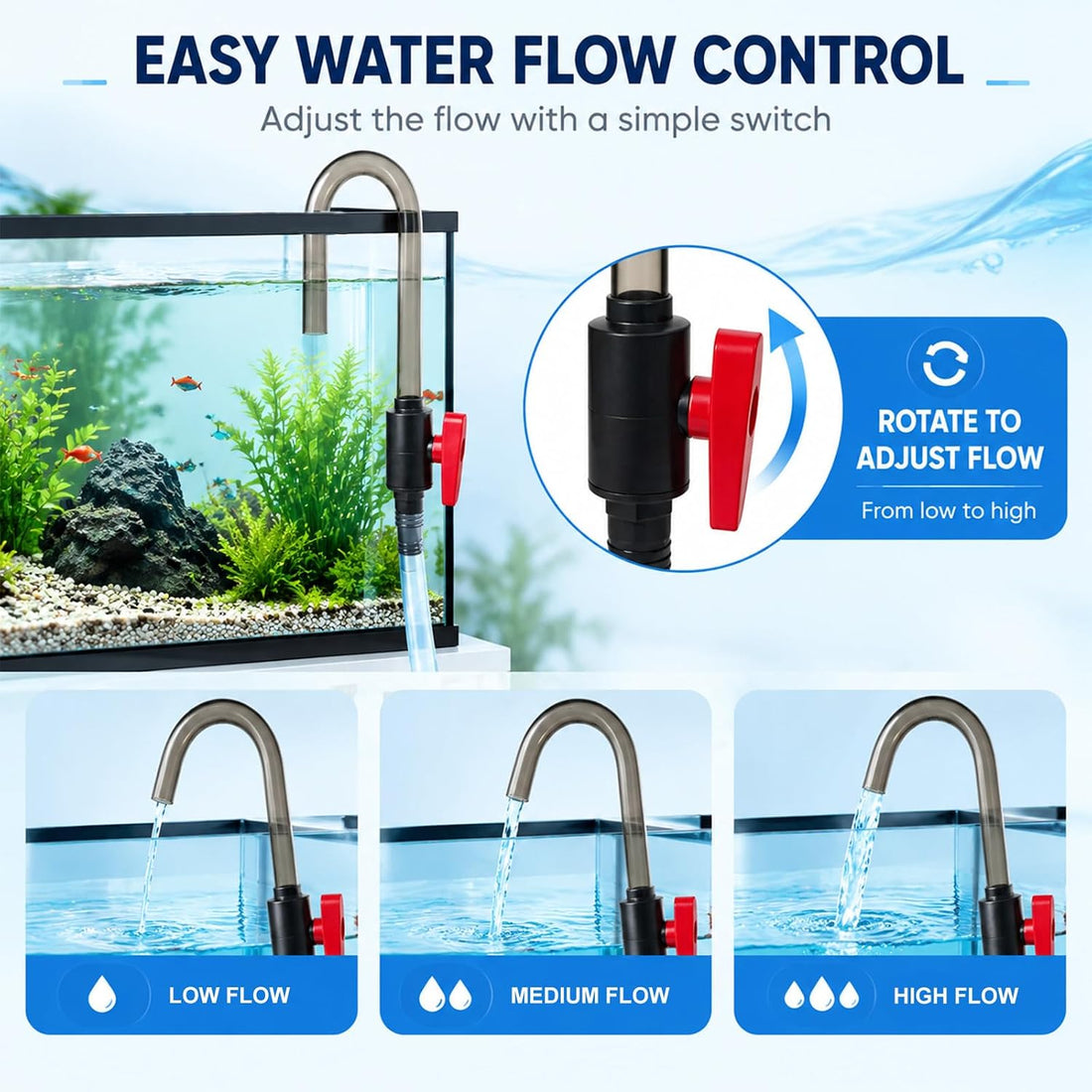 Hands-Free Aquarium Water Changer Hook with Flow Shutoff Valve