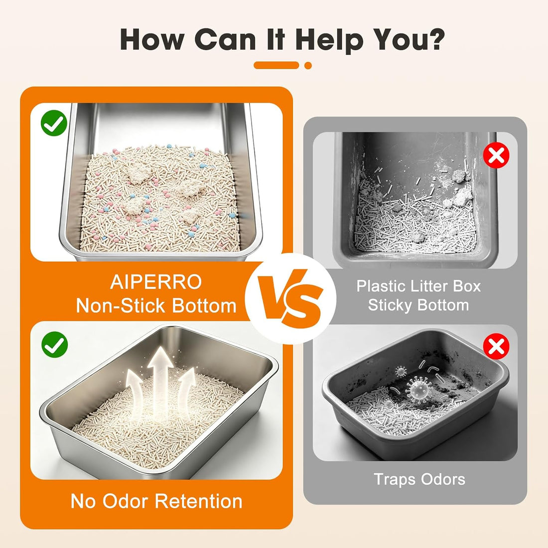 AIPERRO Stainless Steel Litter Box 2 Pack Metal Cat Litter Boxes