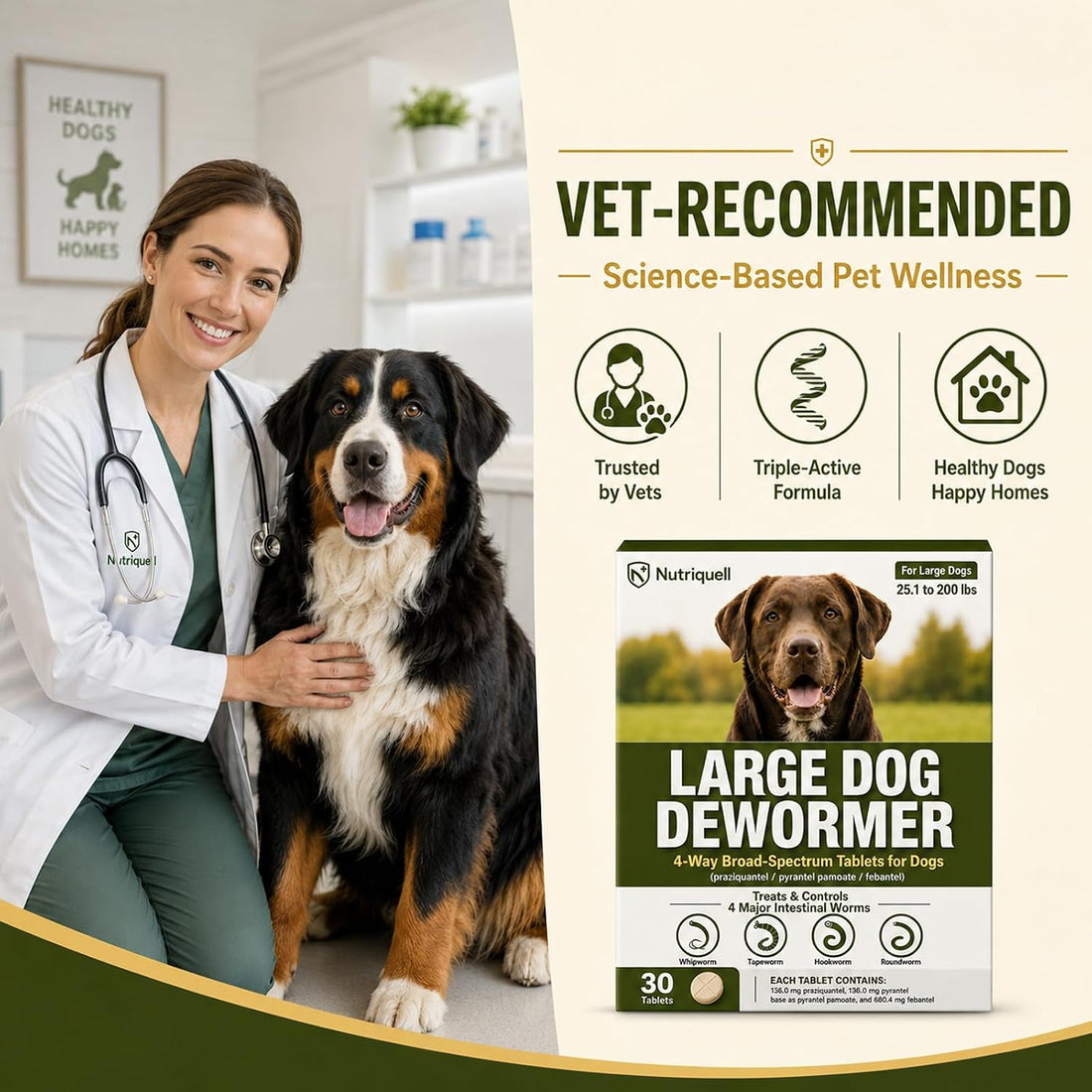 Dewormer for Dogs, Medium and Large Dog Dewormer, 4-Way Tablets