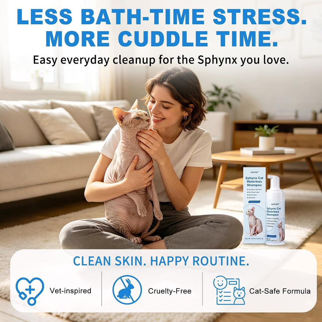 Sphynx Cat Waterless Shampoo, No-Rinse Foam for Oily Skin