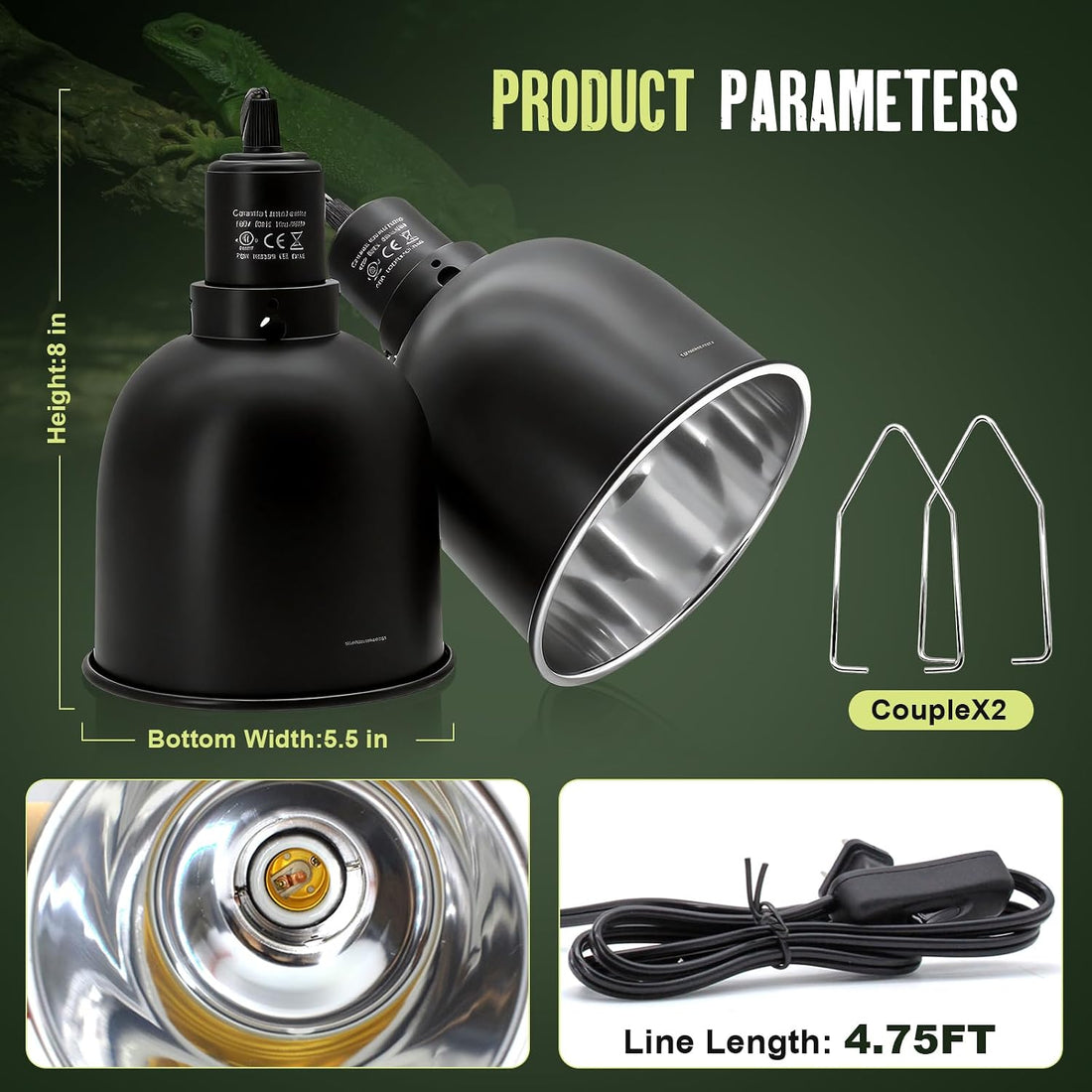 2-Pack Reptile Light Fixture 5.5in Deep Dome Reptile Lamp Fixture