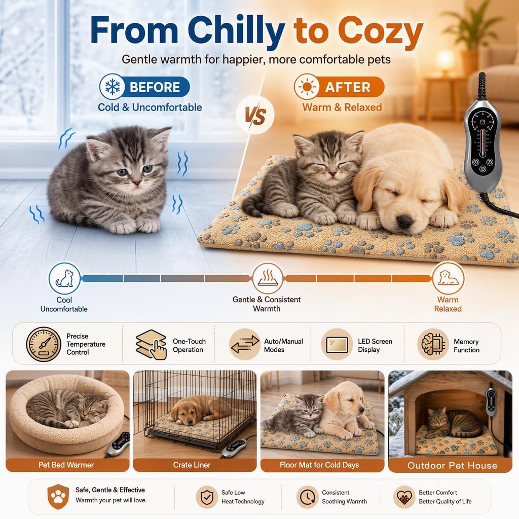 Heated Cat Bed Pet Heating Pad for Cats Dogs w Adjustable Temp & Timer
