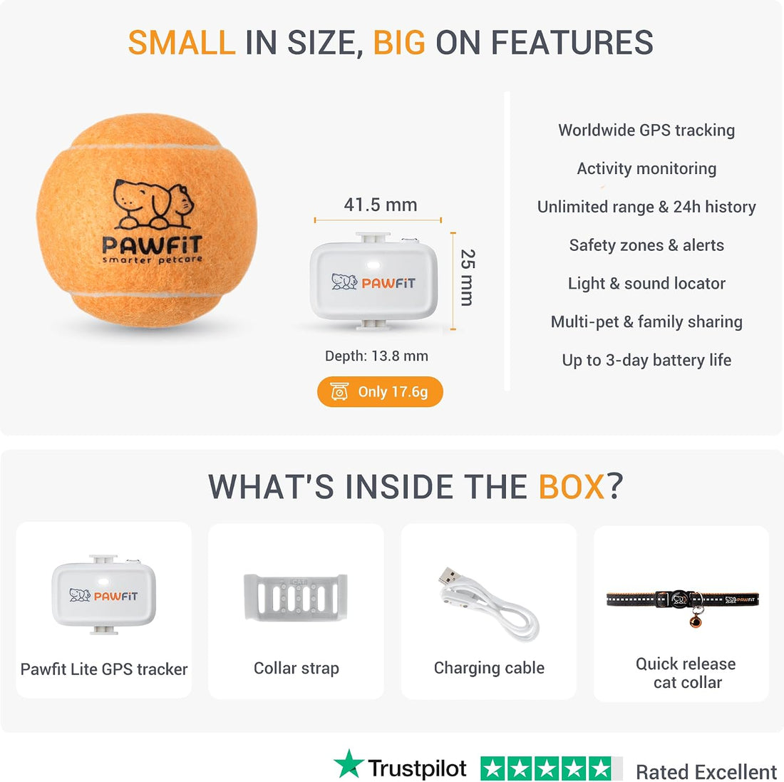 Pawfit Lite 4G GPS Cat Tracker, Live Tracking, Ultra-Light