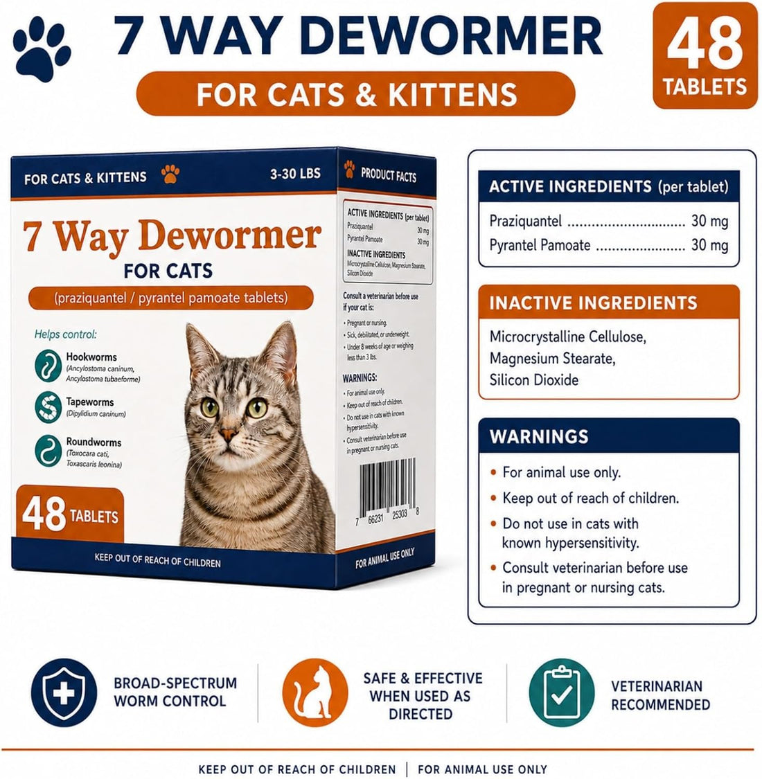 7 Way Dewormer for Cats, Large and Small Cats Dewormer,48 Tablets