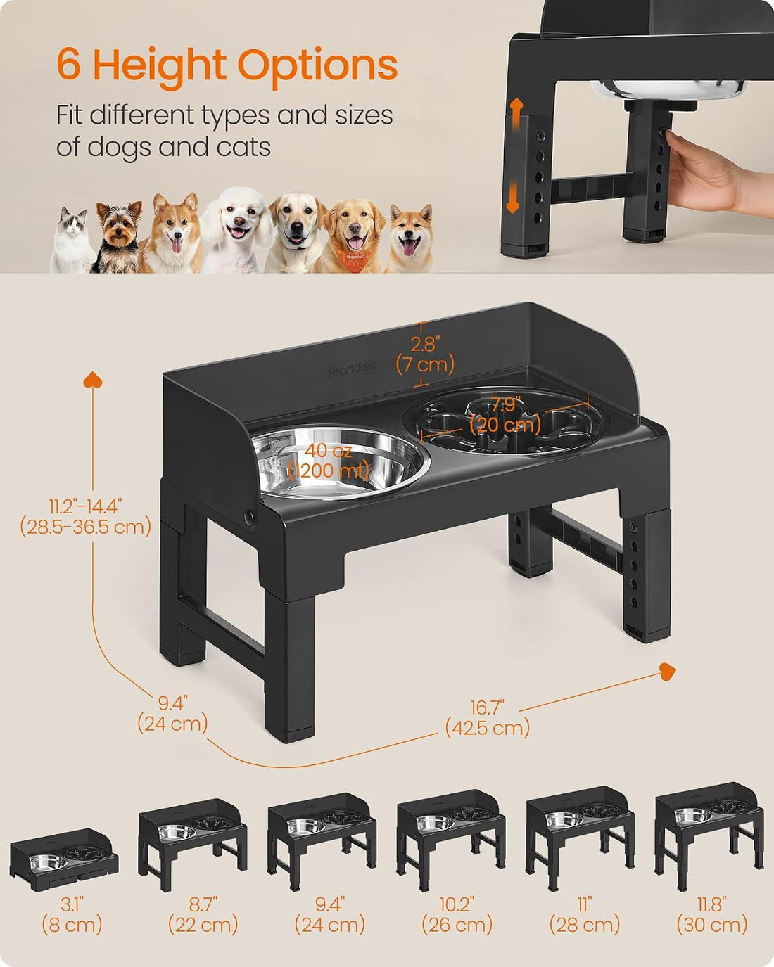 Feandrea Dog Bowls Elevated, Raised Stand with 1 Slow Feeder and Two