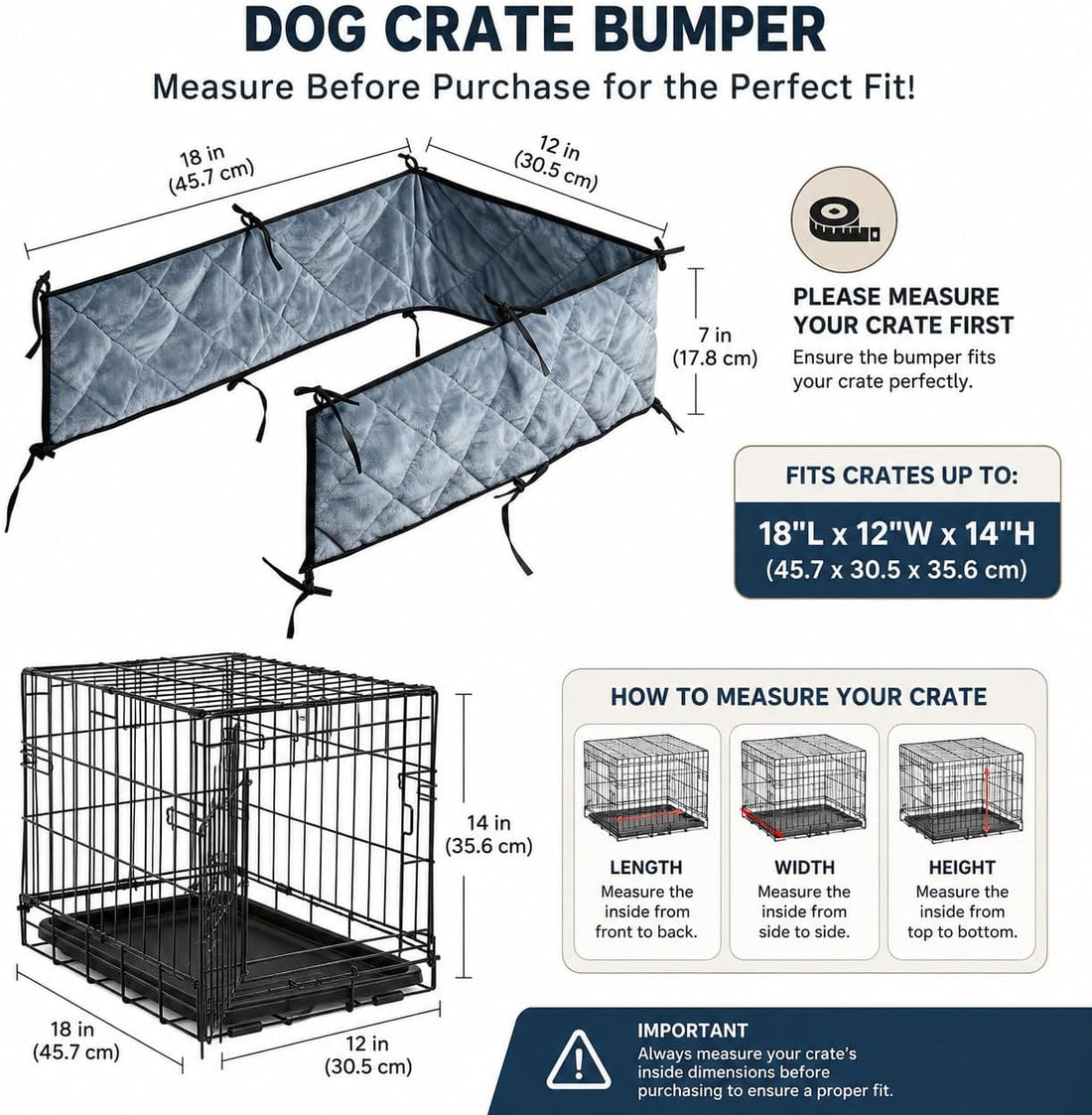 Dog Crate Bumper with Ties, 18"X12"X7" Gray for Inside Crate Tail