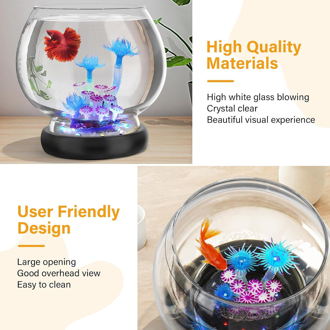 hygger 0.5 Gallon/1 Gallon Glass Fish Bowl with LED Light and Decor