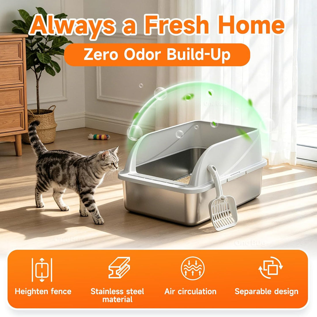 OneBug Stainless Steel High Sides Cat Litter Box with Scoop