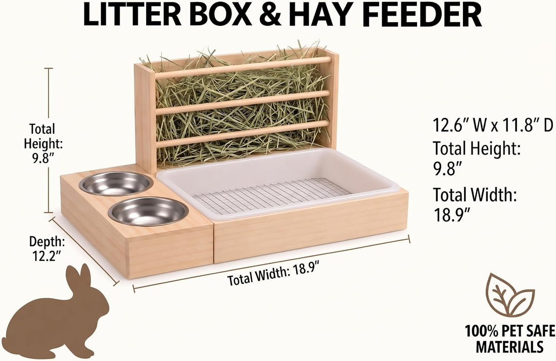 XL Wooden Rabbit Litter Box with Hay Feeder & Dual Stainless Steel