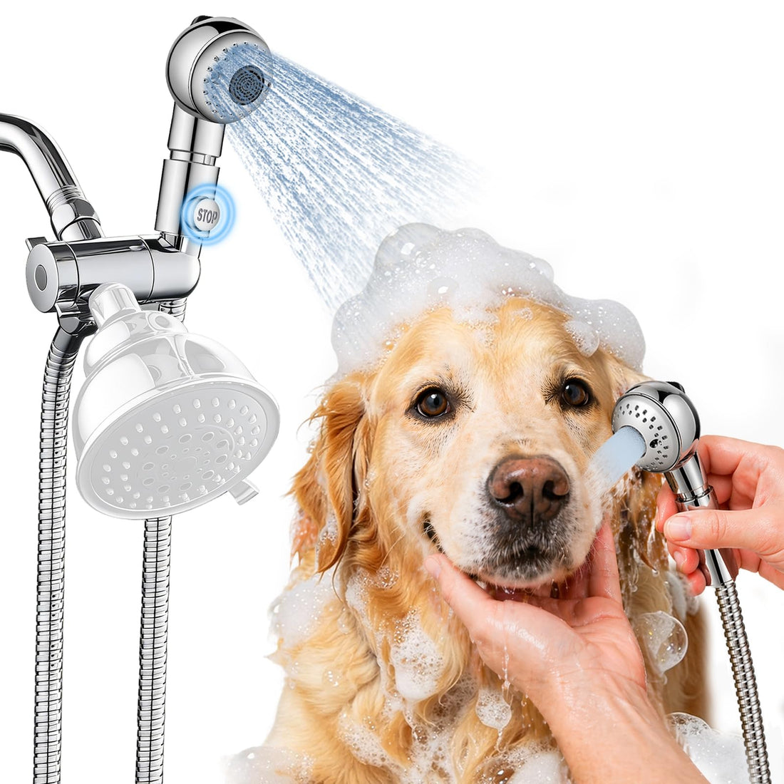 Quiet Dog Shower Attachment with One-Button Pause